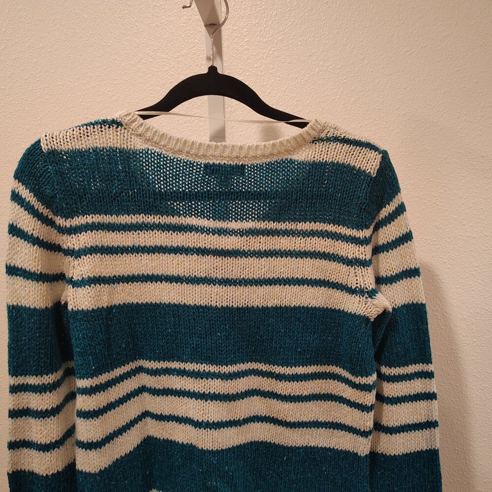 St. John's Bay Women's V-Neck Sweater Teal White Stripes Mesh Style Size Medium - Picture 8 of 10